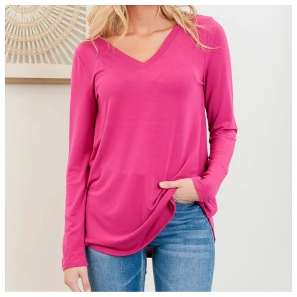 11 It’s That Simple Solid V Neck Long Sleeves T in Dark pink - Picture 4 of 5